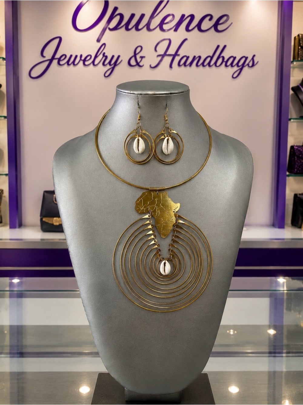 Gold Africa Pendant Necklace & Shell Hoop Earring Set - Gold